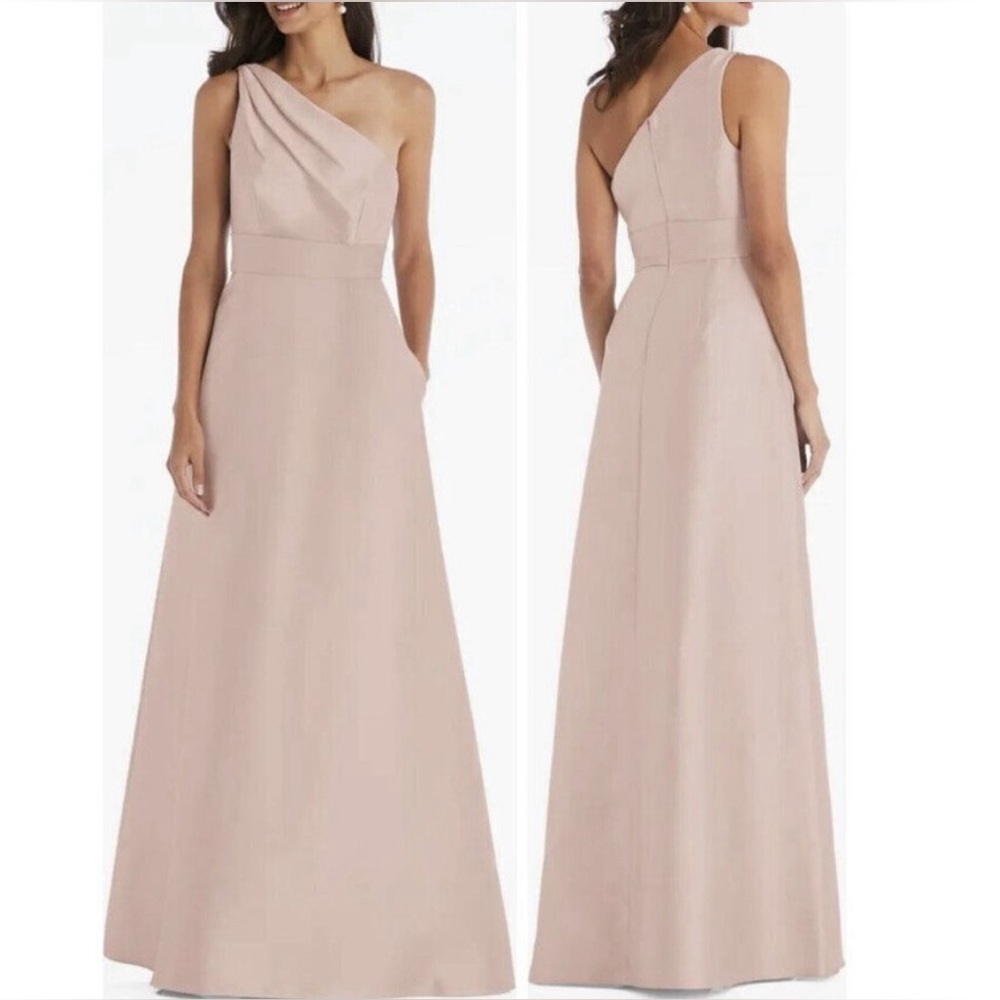 Alfred Sung Draped One-Shoulder Satin Dress in Toasted Sugar Peach